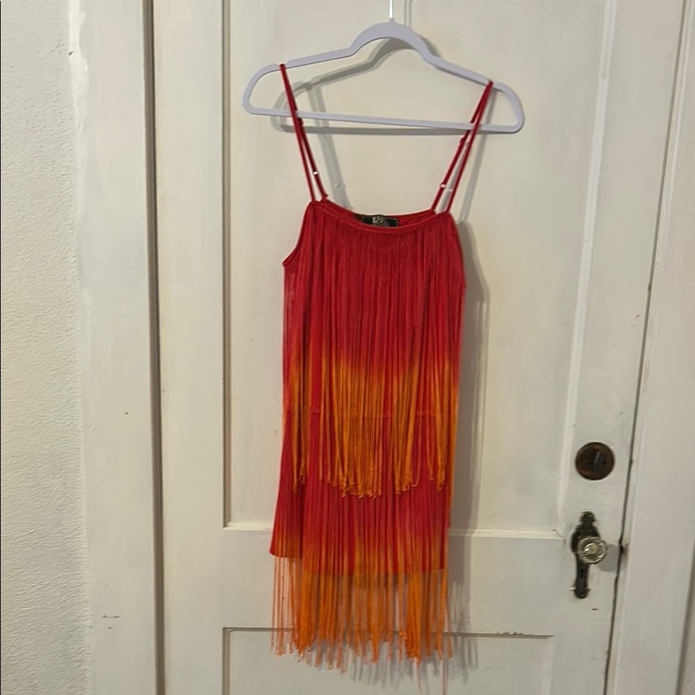 Lucky & Blessed Red and Orange Fringe Mini Dress